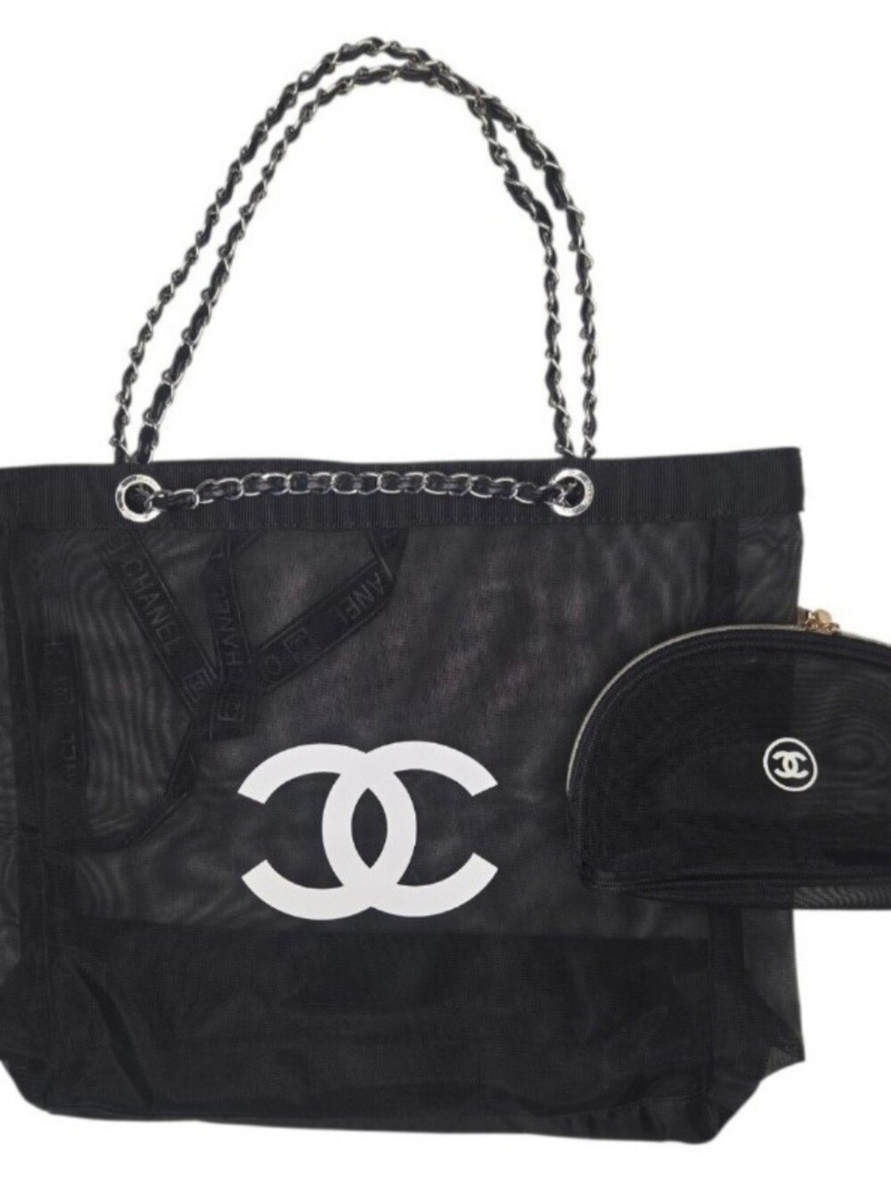 CHANEL Black Mesh Tote with Silver Chain Straps including Pouch - Picture 2 of 4